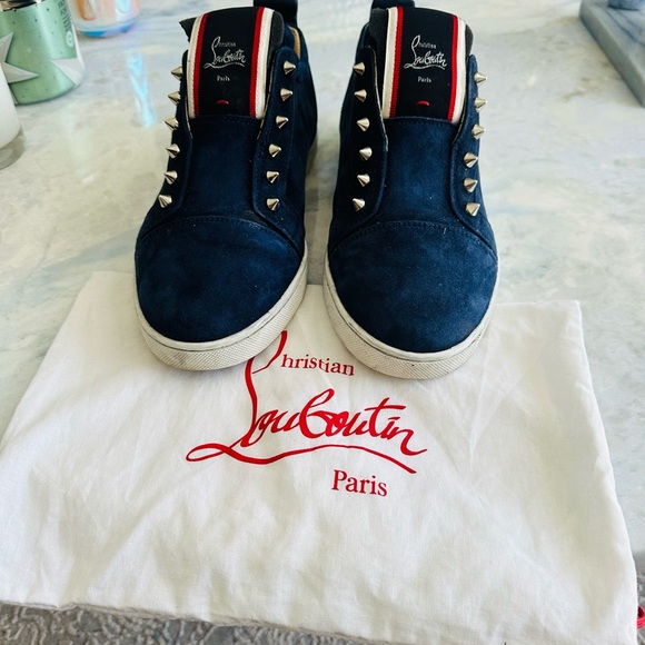Christian Louboutin F.A.V Fique A Vontage Suede Dark Blue Studded Sneakers - Picture 2 of 6